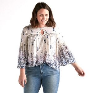 LUCKY BRAND Blue Floral Keyhole Peasant Top Blouse